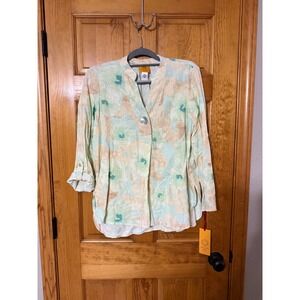 Ruby Rd Womens Floral Print Button Up Shirt Top Long Sleeve Roll Tab Linen Blend